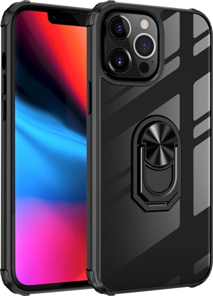 Mobigear Hoesje geschikt voor Apple iPhone 14 Pro Max Telefoonhoesje Hardcase | Mobigear Crystal Ring Backcover met Ringhouder | iPhone 14 Pro Max Case | Back Cover - Transparant / Zwart