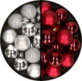 Kerstballen 36x stuks - 3 en 4 cm - zilver en donkerrood - kunststof