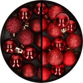 Kerstballen 34x st - 3 cm - donkerrood en rood - kunststof