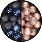 Kerstballen 34x st - 3 cm - donkerblauw en lichtroze - kunststof