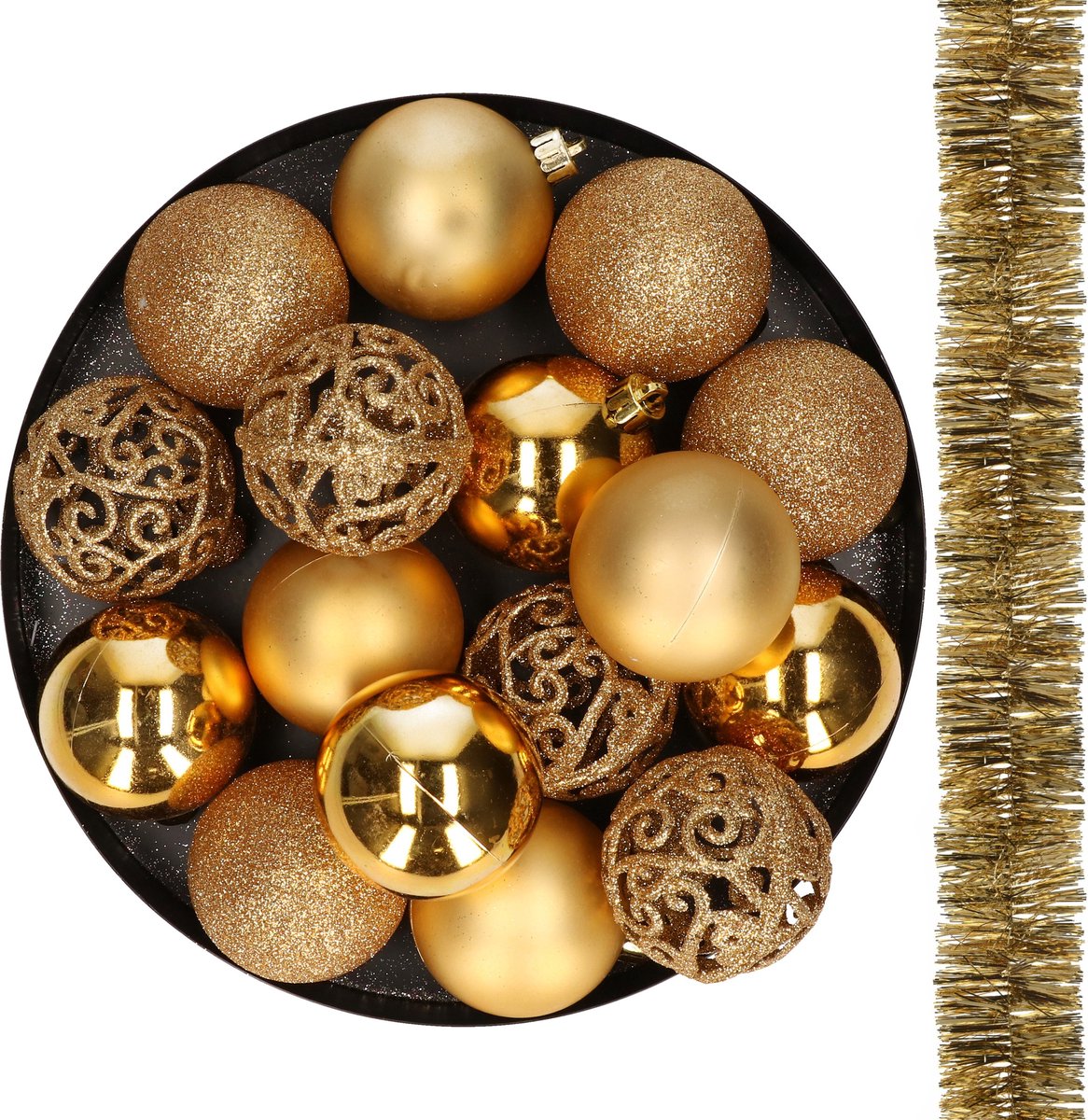 Decoris Kerstballen - 6 cm - kunststof - 16x stuks - incl. kerstslingers - goud