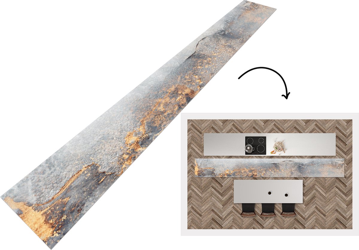 KitchenYeah Keukenloper - Loper keuken - Mist - Goud - Abstract - Keukenloper vinyl, foto 2