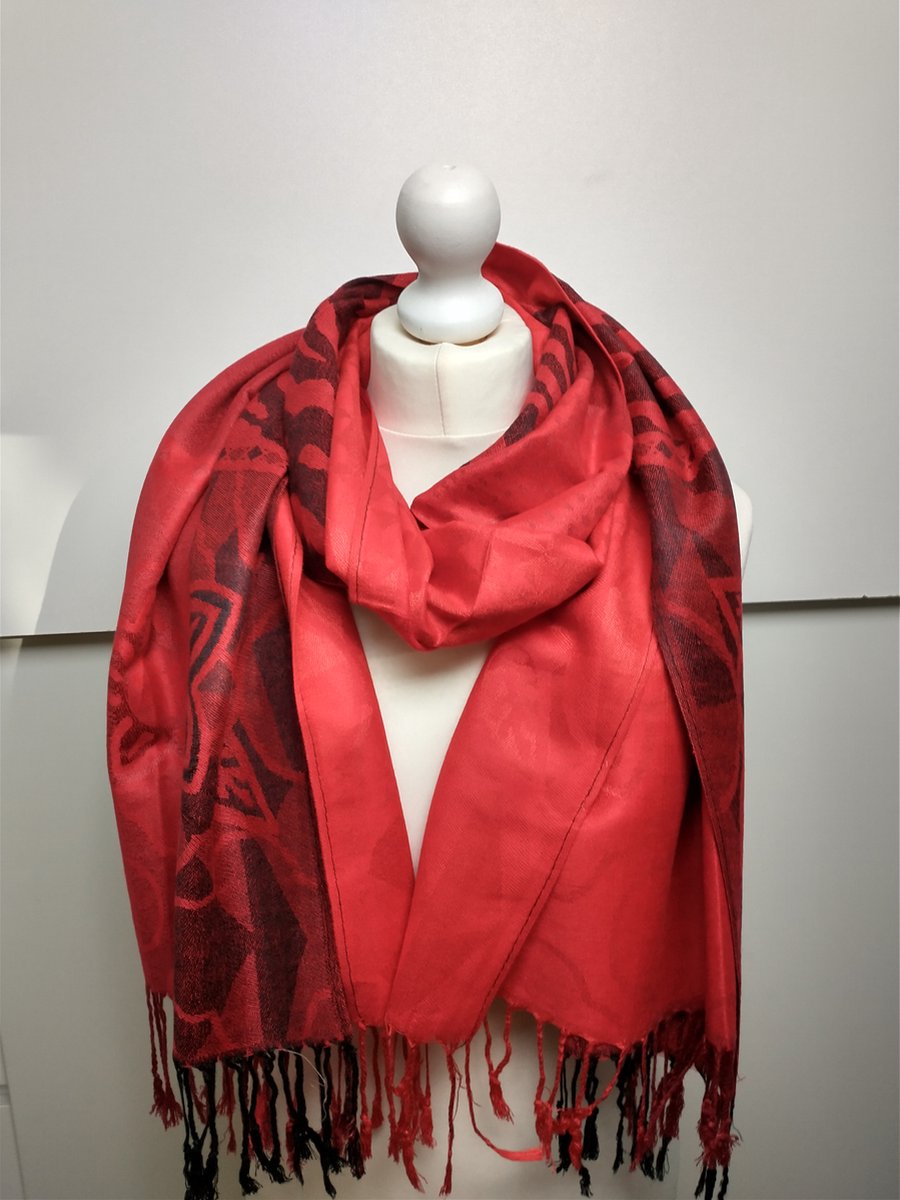 Lange dames sjaal Leontina fantasiemotief zwart rood