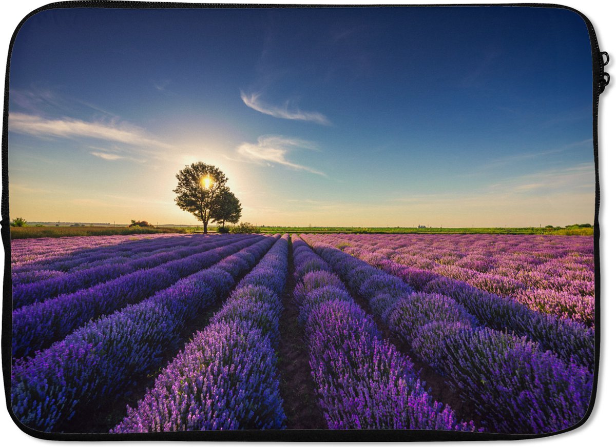 Laptophoes 14 inch - Lavendel - Zon - Boom - Bloemen - Paars - Laptop sleeve - Binnenmaat 33x23 cm - Zwarte achterkant