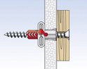 Plug Fischer met rode accenten in gipsplaat en hout met schroef.