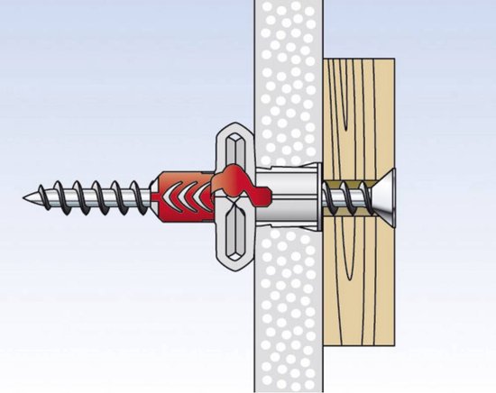 Plug Fischer met rode accenten in gipsplaat en hout met schroef.