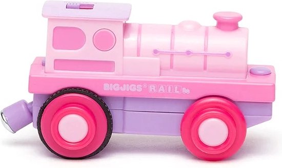 Roze en paarse speelgoedtrein met rode wielen. Tekst 'BIGJIGS RAIL' op de zijkant.