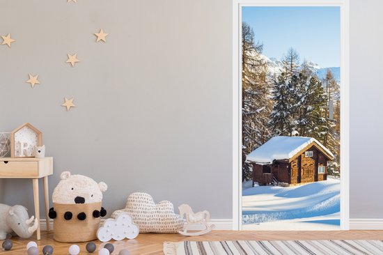 Sticker pour porte Cabane dans les montagnes suisses en hiver - 80x205 cm - Affiche de porte