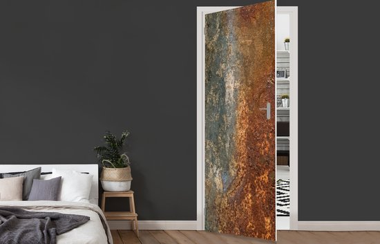 Deurposter 80x215 cm - Deursticker Staal - Roest - Oud - Oranje - Grijs - Patroon - Abstract - Meubelfolie zelfklevend - Deurfolie woonkamer - Interieurfolie fotobehang - Deur plakfolie - Deurstickers - Deurbehang sticker - Kamer decoratie