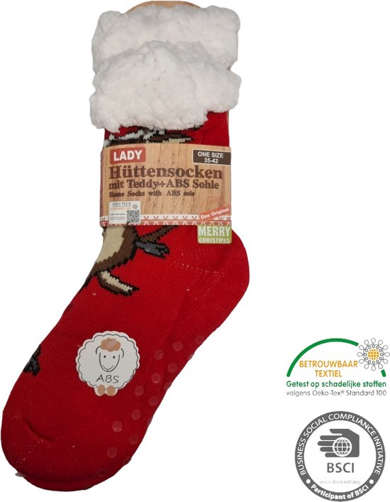Antonio House Socks - Chaussettes d'intérieur Renne - Rouge - Femme - ABS antidérapant - Taille unique (35-42) - Chaussettes d'intérieur - Chaussettes chaudes - Warm House Sock - Cadeau de Noël pour femme