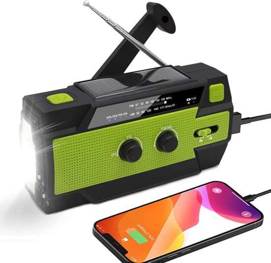 Opwindbare Noodradio - Oplaadbaar via Dynamo & Zonnepaneel