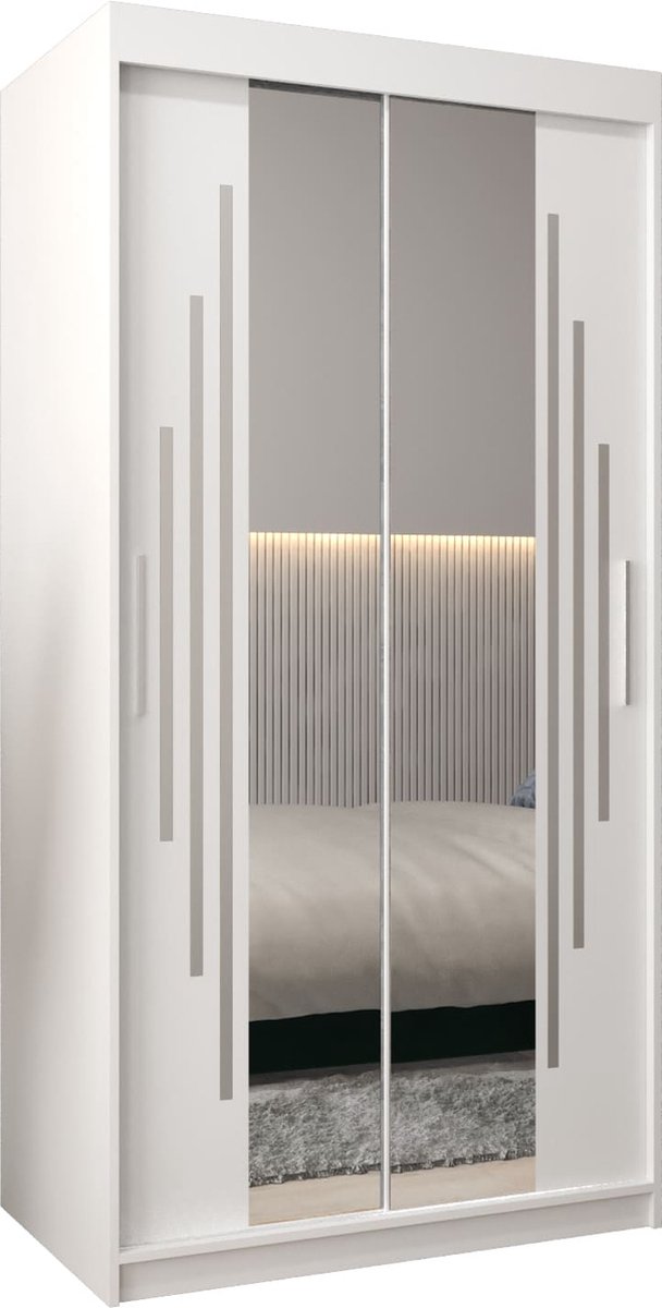 InspireME Kledingkast met 2 schuifdeuren, Modern-stijl, Een kledingkast met planken en een spiegel (BxHxD): 100x200x62 - MALTESE I 100 Wit Mat