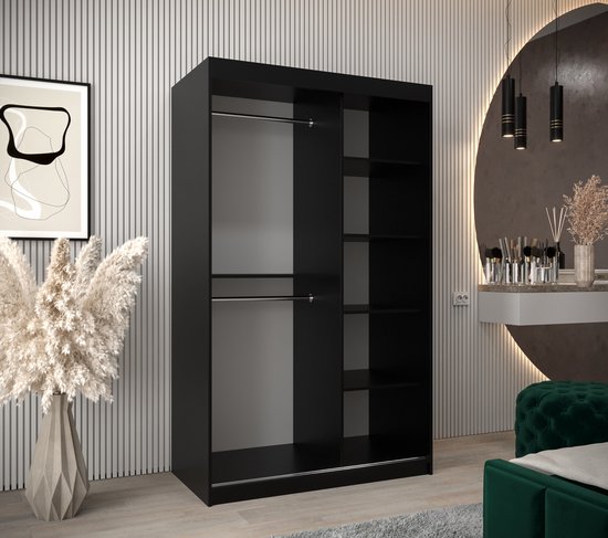 InspireMe - Armoire avec 2 portes coulissantes, Style moderne, Une armoire avec des étagères et un miroir (LxHxP): 120x200x62 - MALTESE I 120 Zwart Mat + Chêne Sonoma