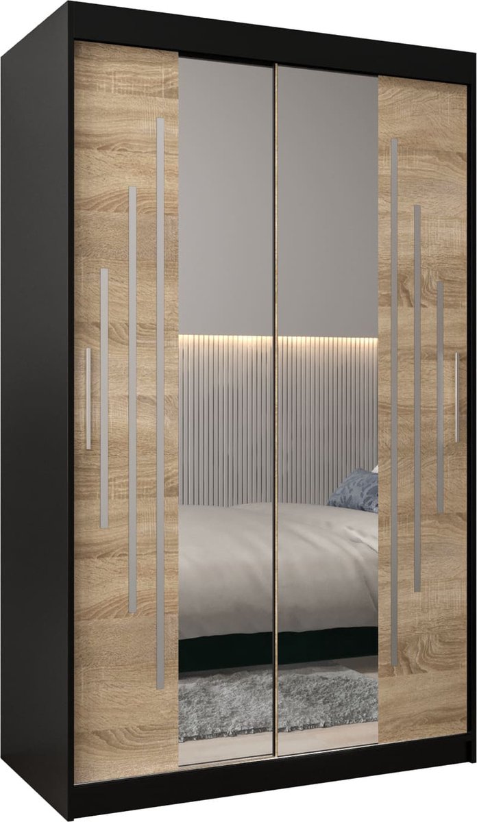 InspireME Kledingkast met 2 schuifdeuren, Modern-stijl, Een kledingkast met planken en een spiegel (BxHxD): 120x200x62 - MALTESE I 120 Zwart Mat + Sonoma Eik