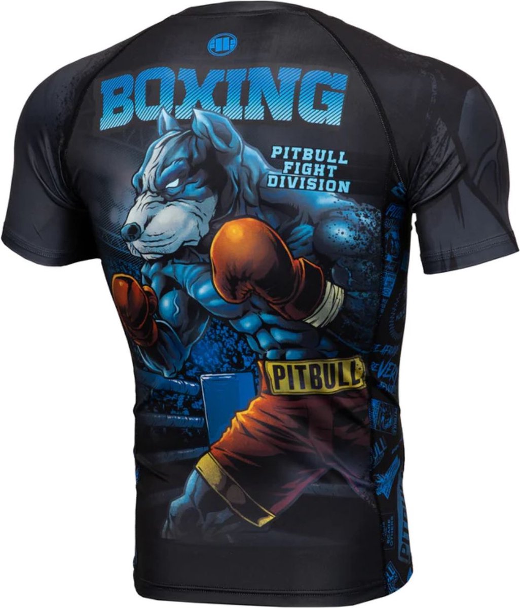 Pit Bull - Master of Boxing - Rashguard Short Sleeve - Vechtsport rashgaurd met korte mouwen - Compressie shirt - Zwart/ Blauw - Maat M