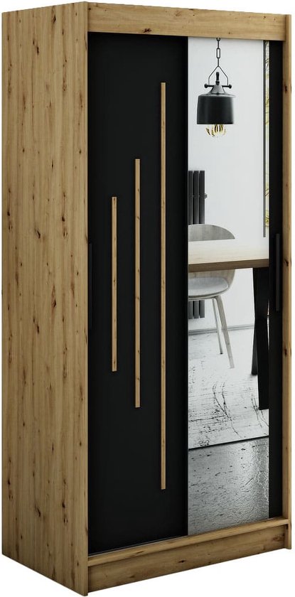 InspireMe - Kledingkast met 2 schuifdeuren, Modern-stijl, Een kledingkast met planken en een spiegel (BxHxD): 100x200x62 - JARED Y2 100 Artisan Eik + Zwart Mat
