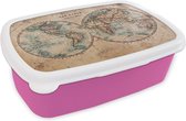 Broodtrommel Roze - Lunchbox - Brooddoos - Wereldkaart - Vintage - Papyrus - Kids - Jongen - Meisje - 18x12x6 cm - Kinderen - Meisje