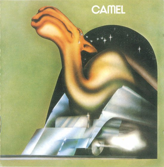 Camel albumhoes met gestileerde bruine kameel en glimmende zilveren elementen tegen een groene achtergrond.