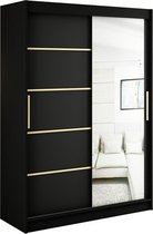 InspireMe - Kledingkast met 2 schuifdeuren, Modern-stijl, Een kledingkast met planken en een spiegel (BxHxD): 150x200x62 - KAIR V2 150 Zwart Mat + Gouden met 2 lades