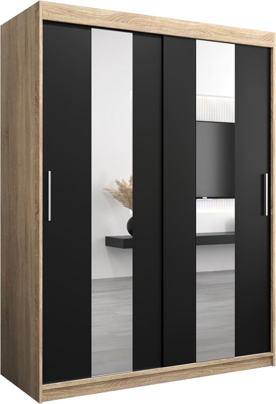InspireMe - Kledingkast met 2 schuifdeuren, Modern-stijl, Een kledingkast met planken en een spiegel (BxHxD): 150x200x62 - DANCE 150 Sonoma Eik + Zwart Mat