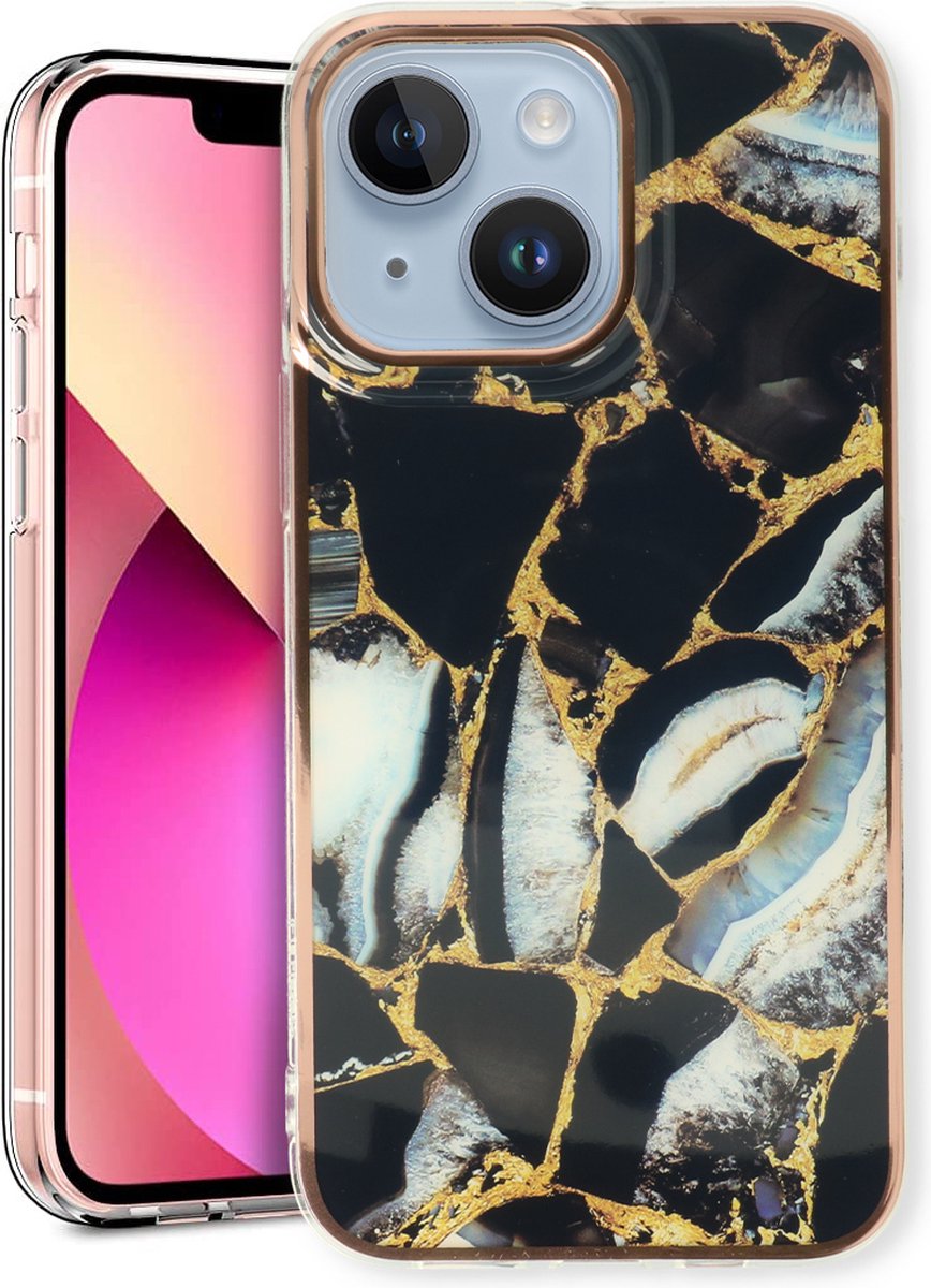 Casemania Hoesje Geschikt voor Apple iPhone 14 Plus - Zwart - Siliconen Marmer Back Cover