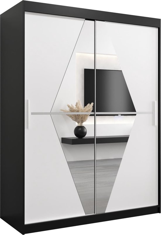 InspireMe - Kledingkast met 2 schuifdeuren, Modern-stijl, Een kledingkast met planken en een spiegel (BxHxD): 150x200x62 - BOLA 150 Zwart Mat + Wit Mat