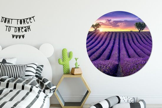 WallCircle - Papier peint cercle - Fleurs - Coucher de soleil - Lavande - Paysage - Arbres - Papier peint rond - Papier peint autocollant - 120x120 cm - Papier peint cercle autocollant - Décoration murale ronde - Papier peint cercle