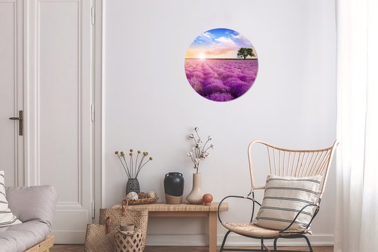 Papier peint cercle - Lavande - Fleurs - Arbre - Soleil - Paysage - Décoration murale cercle - Papier peint cercle fleurs - Papier peint autocollant - 30x30 cm - Papier peint autocollant - Papier peint rond - Papier peint cercle