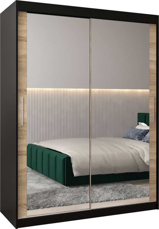 InspireMe - Kledingkast met 2 schuifdeuren, Modern-stijl, Kledingkast met planken (BxHxD): 150x200x62 - TORM III 150 Zwart Mat + Sonoma Eik met 2 lades