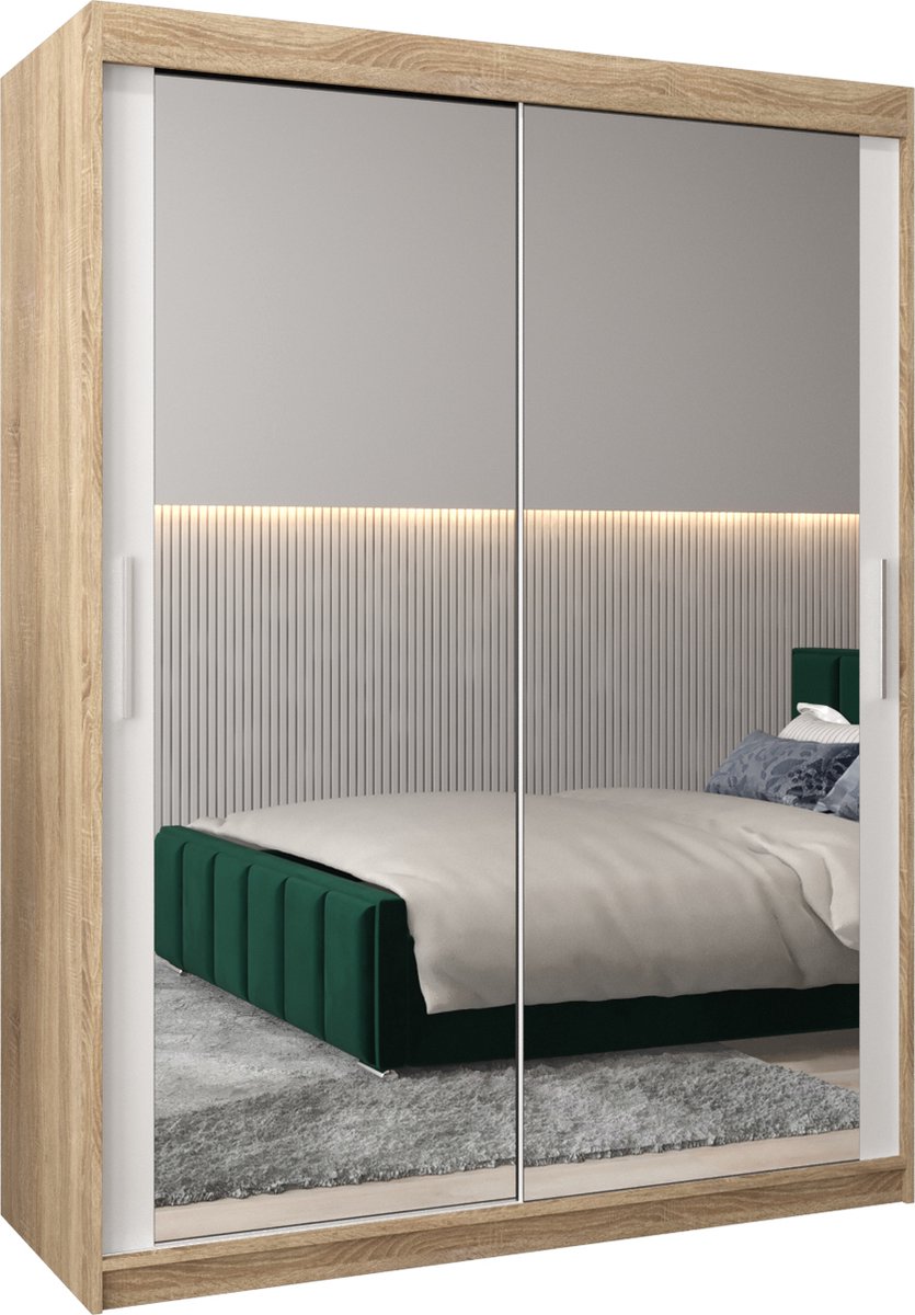 InspireME Kledingkast met 2 schuifdeuren, Modern-stijl, Kledingkast met planken (BxHxD): 150x200x62 - TORM III 150 Sonoma Eik + Wit Mat
