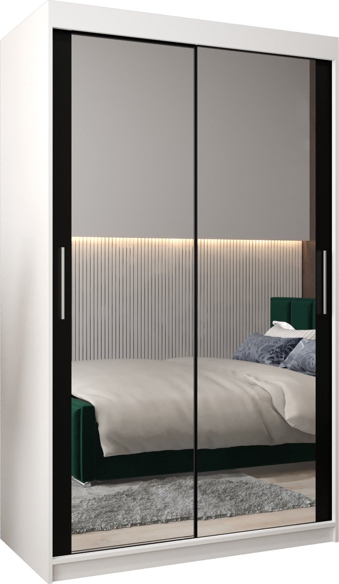 InspireMe - Kledingkast met 2 schuifdeuren, Modern-stijl, Kledingkast met planken (BxHxD): 120x200x62 - TORM III 120 Wit Mat + Zwart met 2 lades