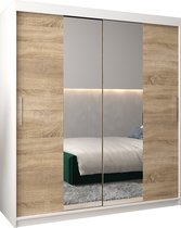 InspireMe - Kledingkast met 2 schuifdeuren, Modern-stijl, Kledingkast met planken (BxHxD): 180x200x62 - TORM I 180 Wit Mat + Sonoma Eik met 4 lades