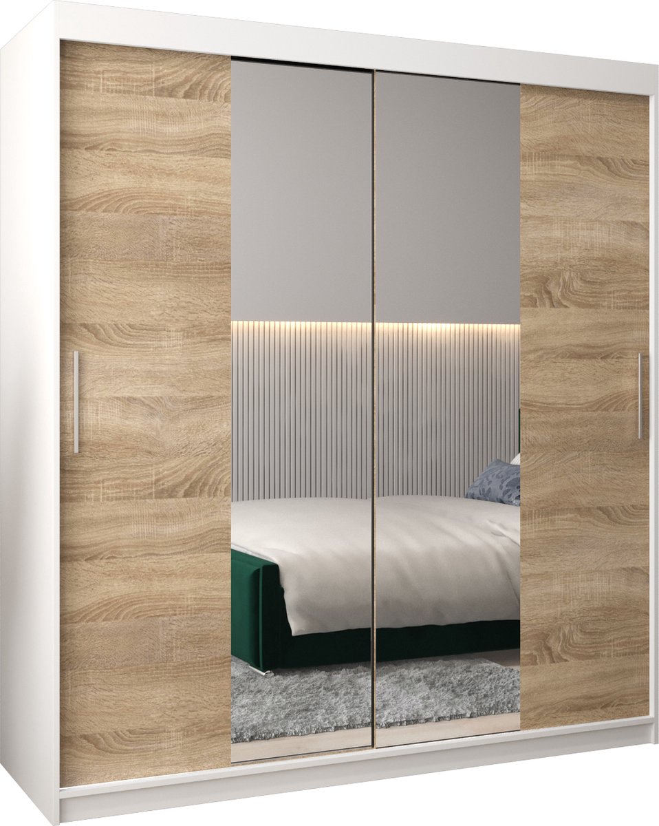 InspireME Kledingkast met 2 schuifdeuren, Modern-stijl, Kledingkast met planken (BxHxD): 180x200x62 - TORM I 180 Wit Mat + Sonoma Eik met 4 lades