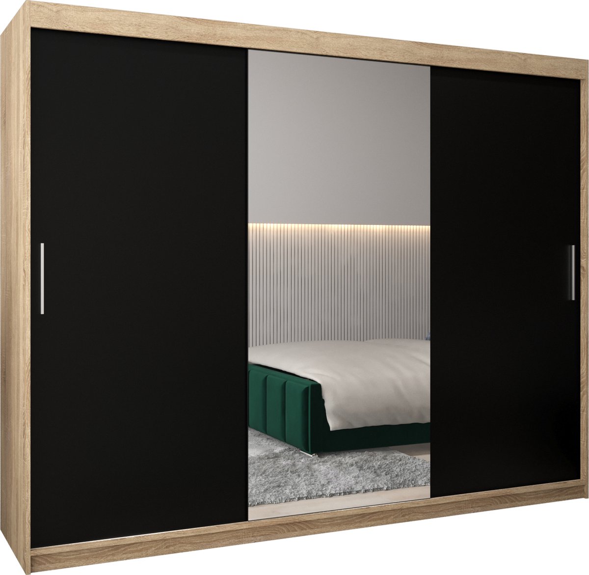 InspireME Kledingkast met 3 schuifdeuren, Modern-stijl, Kledingkast met planken (BxHxD): 250x200x62 - TORM I 250 Sonoma Eik + Zwart Mat mat 4 lades