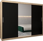 InspireMe - Kledingkast met 3 schuifdeuren, Modern-stijl, Kledingkast met planken (BxHxD): 250x200x62 - TORM I 250 Sonoma Eik + Zwart Mat mat 4 lades