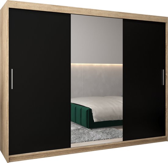Kast met 3 schuifdeuren: twee zwart mat, één spiegel. Sonoma Eik decor frame. Interieur zichtbaar.