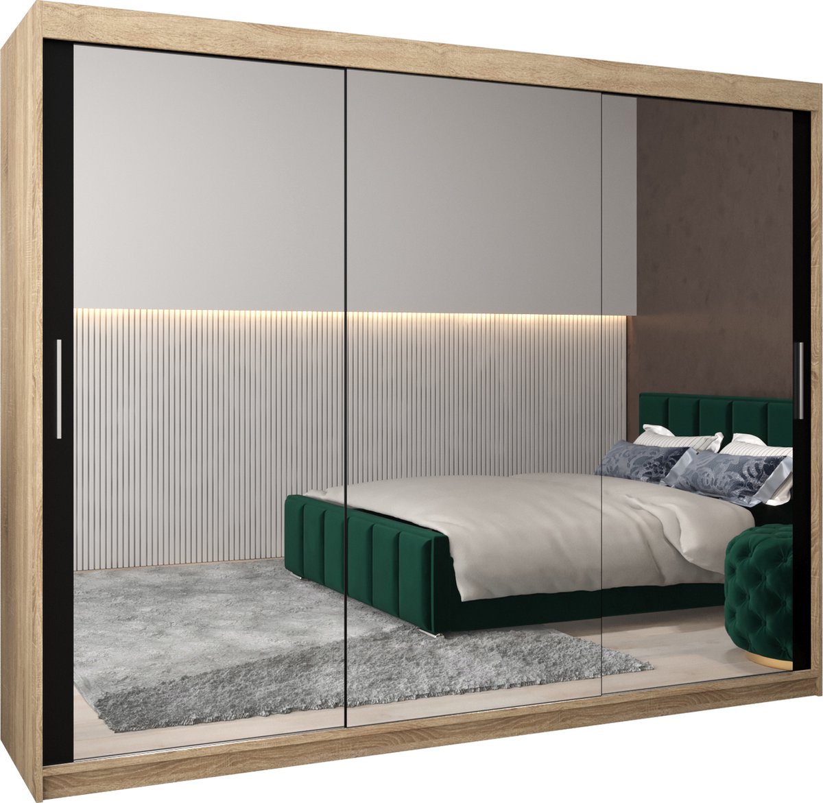 InspireME Kledingkast met 3 schuifdeuren, Modern-stijl, Kledingkast met planken (BxHxD): 250x200x62 - TORM III 250 Sonoma Eik + Zwart Mat