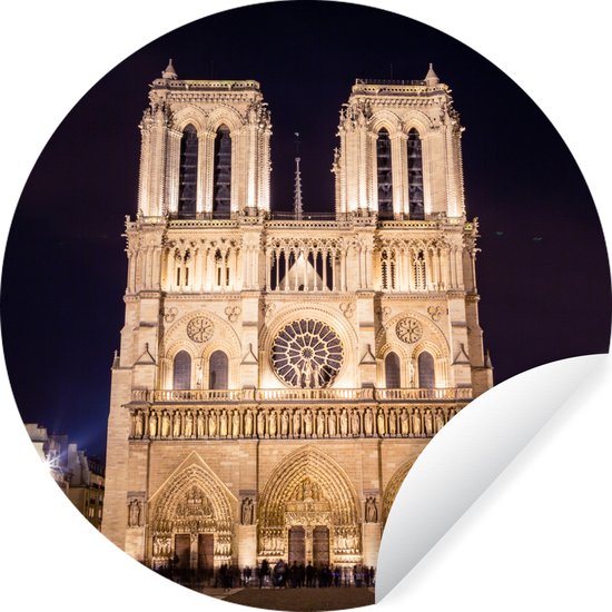 WallCircle - Muurstickers - Behangcirkel - Notre Dame in de avond - 50x50 cm - Muurcirkel - Zelfklevend - Ronde Behangsticker