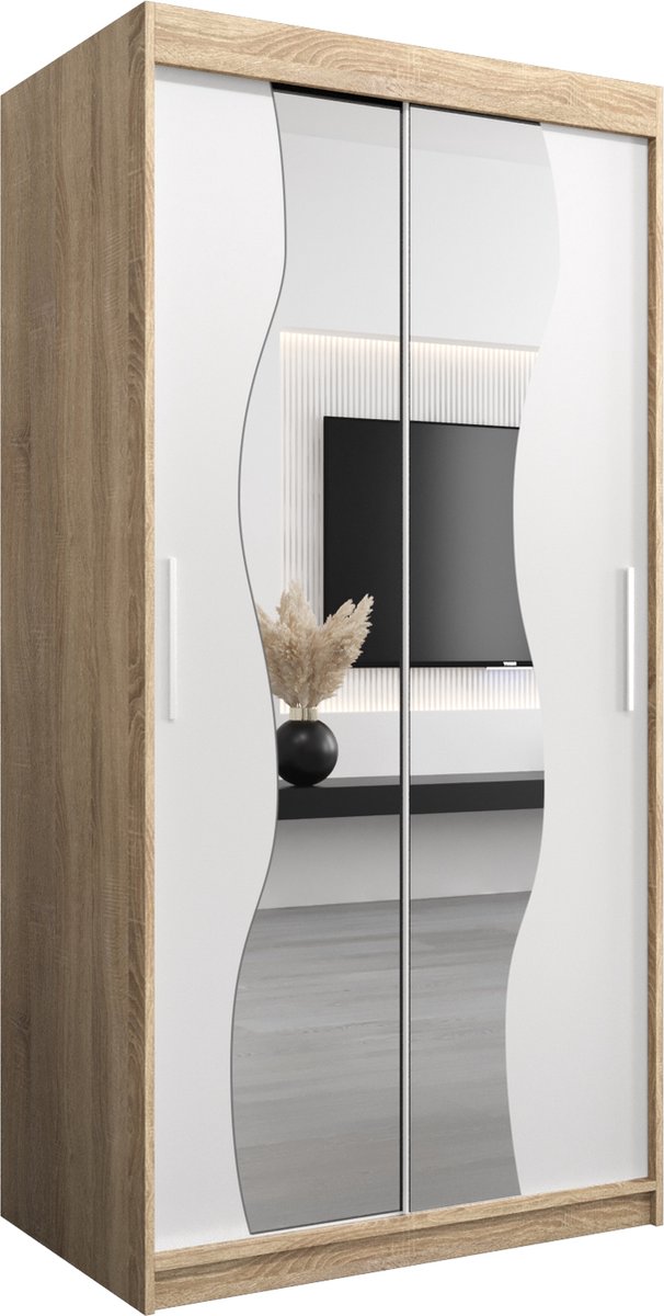 InspireMe - Kledingkast met 2 schuifdeuren, Modern-stijl, Kledingkast met planken (BxHxD): 100x200x62 - MARDUK 100 Sonoma Eik + Wit Mat