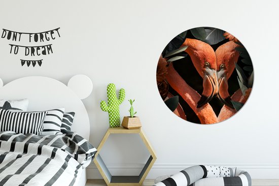 WallCircle - Stickers muraux - Cercle Papier Peint - Flamingo - Feuilles - Fleurs - 100x100 cm - Cercle Mural - Auto Adhésif - Sticker Papier Peint Rond XXL