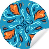 Motif carré avec des plumes et des lignes bouclées sur fond bleu Sticker papier peint cercle mural - 50x50 cm - peinture ronde - cercle papier peint - cercle mural - cercle vivant - autocollant & découpe ronde