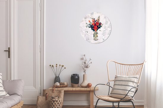 WallCircle - Muurstickers - Behangcirkel - Vaas - Bloemen - Krant - ⌀ 30 cm - Muurcirkel - Zelfklevend - Ronde Behangsticker