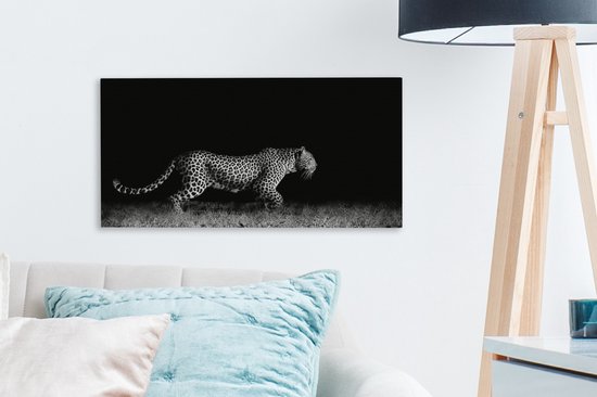Peinture sur toile - Animaux sauvages - Léopard - Herbe - Zwart - Wit - Canvasdoek - 40x20 cm - Photo sur toile - Décoration murale