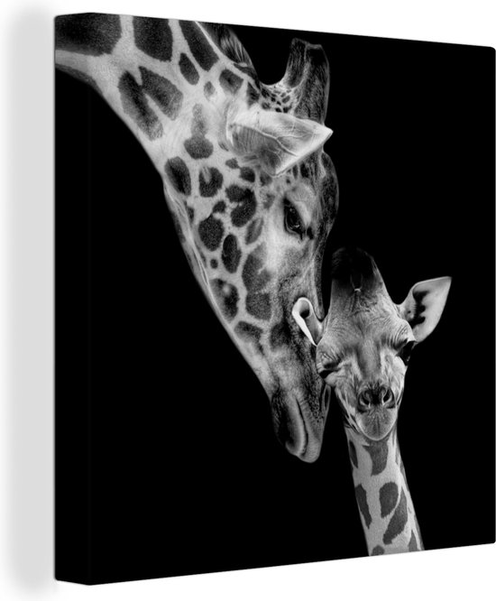 Toile - Animaux sauvages - Girafe - Famille - Zwart - Wit - Peintures sur toile - Toile - 50x50 cm - Décoration murale - Salon