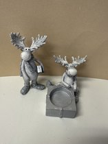 Figurines rennes de Noël - Set de 2 pièces - argent - avec photophore - polyrésine - hauteur 12x7x5cm + hauteur 7x8x8cm - Décoration de Noël