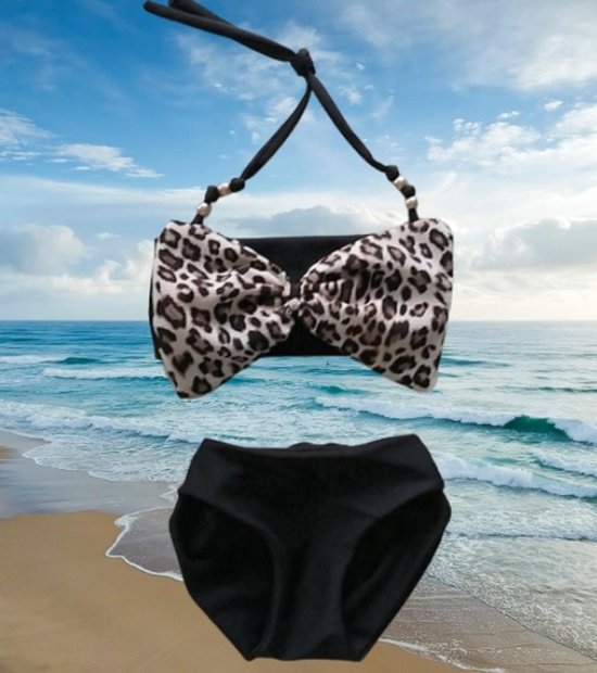 Maat 68 Bikini Zwart panterprint strik badkleding baby en kind met extra bandje zwem kleding leopard tijgerprint - Merkloos