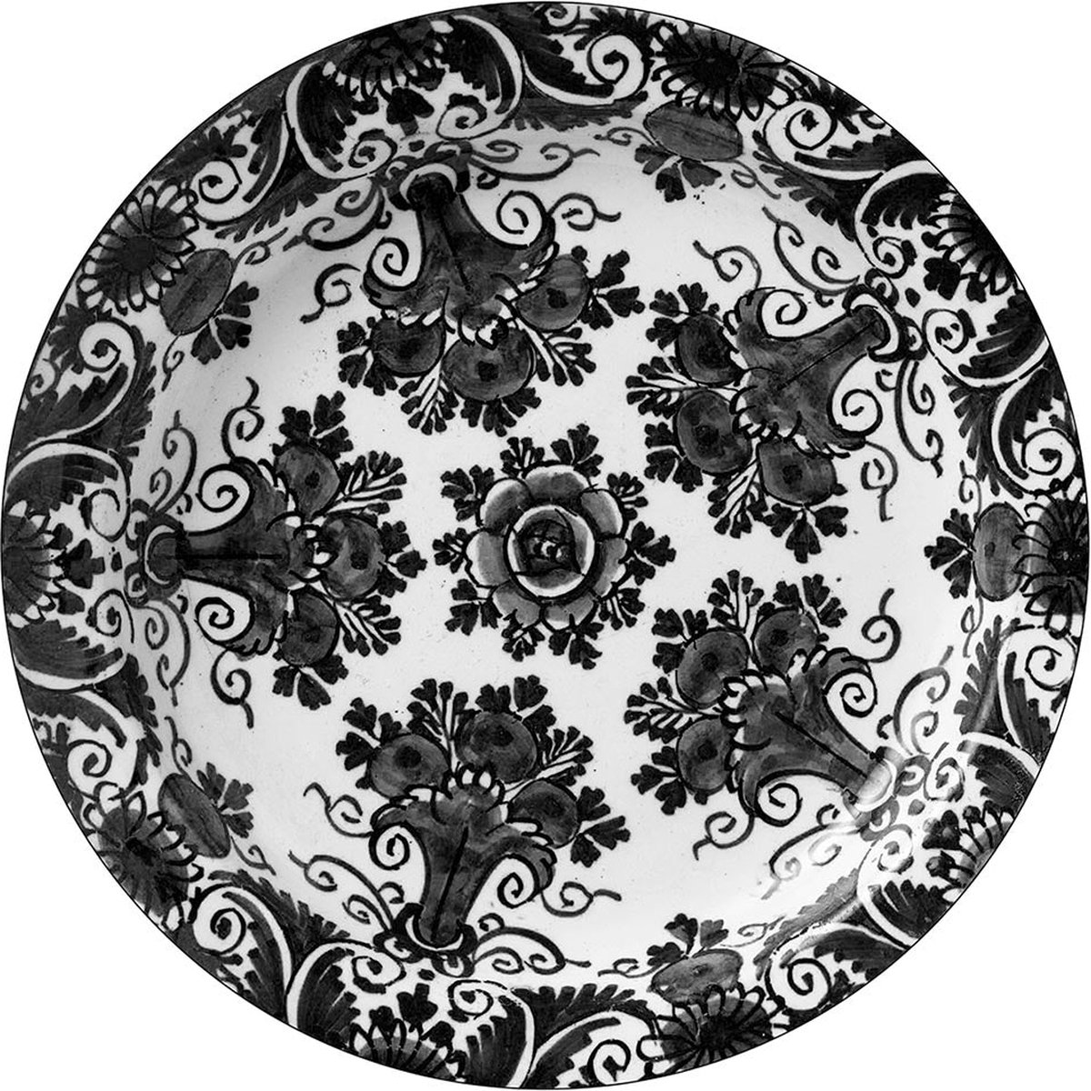 Delfts zwarte bloem Behang cirkel 100 cm