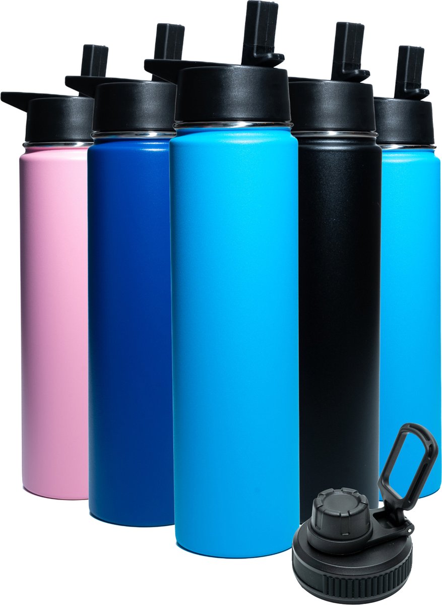 Bidon - Aqua Blue - 700 ML - Extra Dop Met Rietje & Drinktuit - Bidon Met Rietje - Isoleerfles - BPA vrij - Lekvrij
