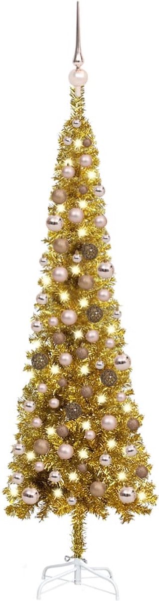 Prolenta Premium - Kerstboom met LED's en kerstballen smal 120 cm goudkleurig