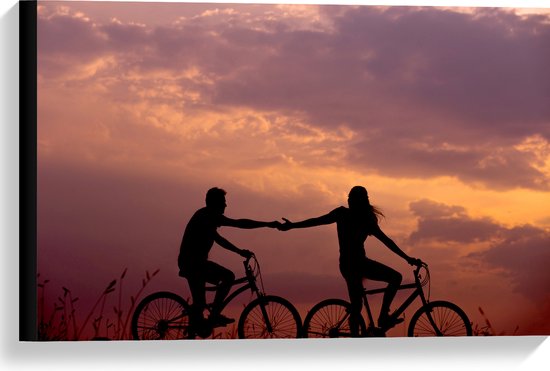 WallClassics - Toile - Silhouette d'un couple à vélo main dans la main - 60x40 cm Photo sur toile (Décoration murale sur toile)